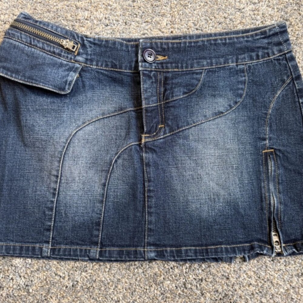 Denim Mini Skirt Women's 28 Dark Wash Y2K Pocket Flap